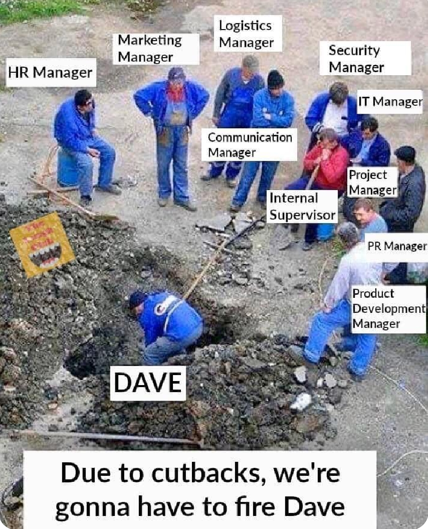A group of managers in various roles are supervising Dave, who is digging a hole, with a caption about firing him due to cutbacks.